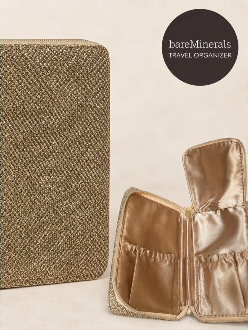 NWOT | bareMinerals | Gold Glitter Travel Makeup Organizer Bag